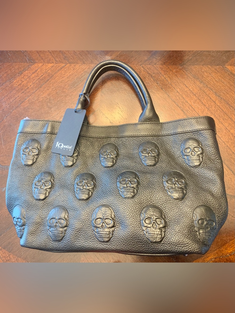 IO Pelle Black Leather Skull Embossed Tote